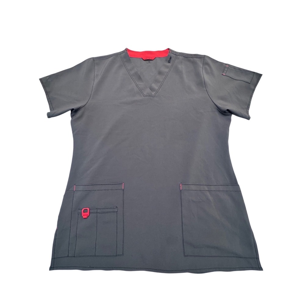 Carhartt Womens Gray Pink V-Neck Short Sleeve Scrub Top Medium Pockets Force